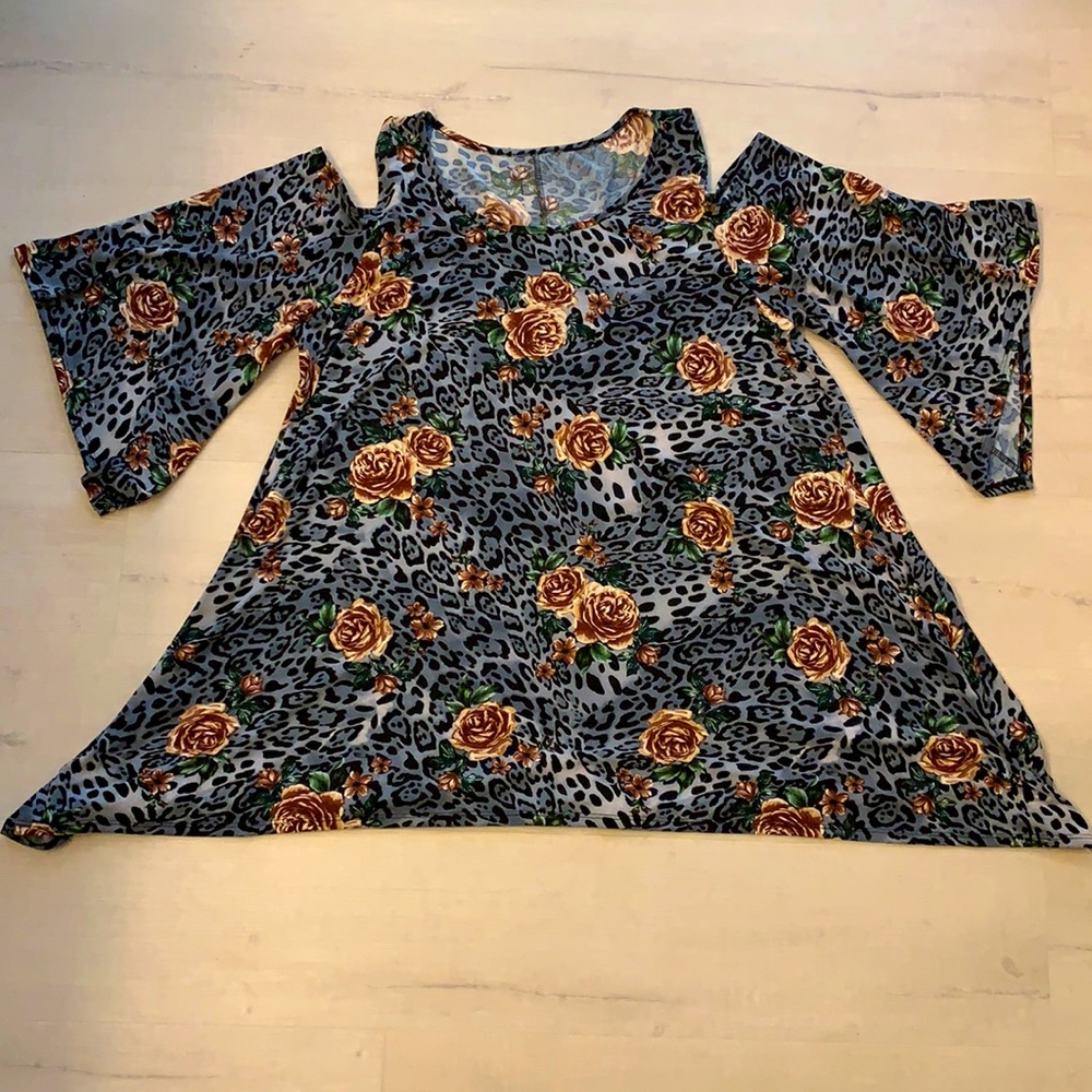 Cheetah and Floral Cold Shoulder Top